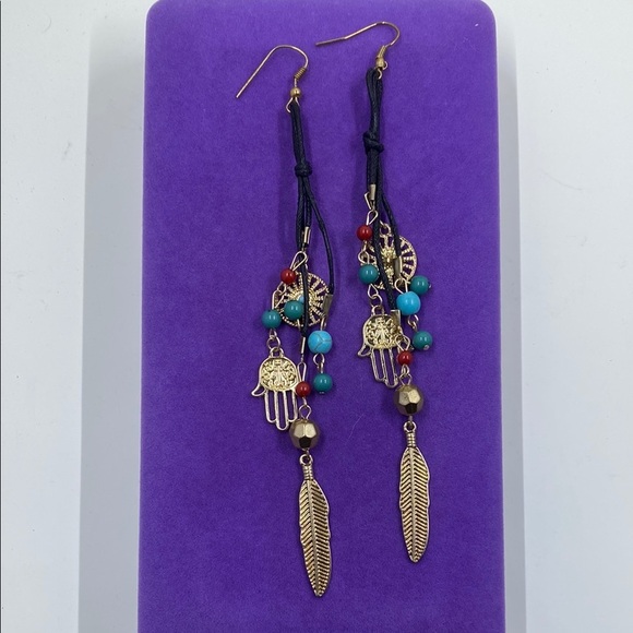 💛 Classic Bohemian Gold Hamsa Turquoise Dangle Earrings - Picture 1 of 3